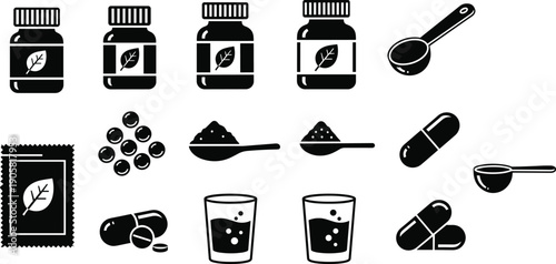 Set of black silhouette meadow grass, wildflowers, and field plants, cad drawing flat vector illustration for nature landscape design borders, isolated,