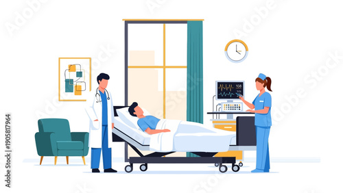 Medical Team's Dedication: A dedicated medical team tending to a patient's needs within a modern hospital setting. The scene portrays the commitment and care provided during a patient's recovery.