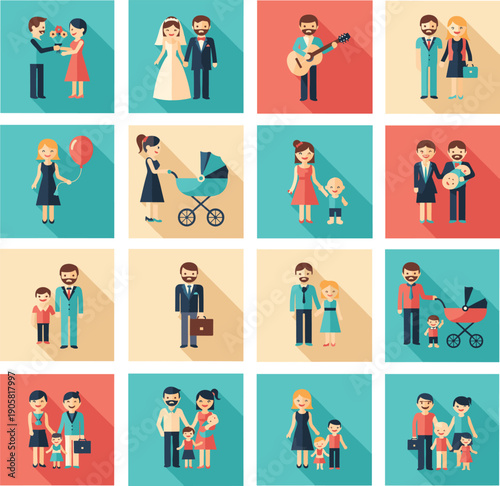 Family people characters set with parents kids wedding couples and daily life scenes