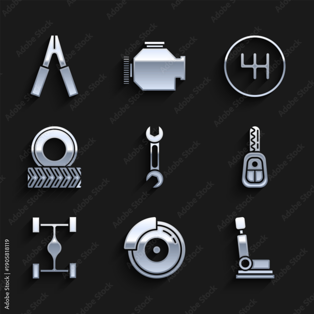 Fototapeta premium Set Wrench, Car brake disk with caliper, seat, key remote, Chassis car, wheel, Gear shifter and battery jumper power cable icon. Vector