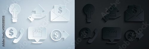 Set Online shopping concept, Envelope with coin dollar, Telephone handset and speech bubble chat, Coin money symbol, Money and Light bulb icon. Vector