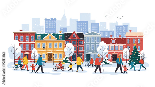 Cozy winter street scene in a city showing colorful houses, snow-covered trees, and people walking and playing in the snow.