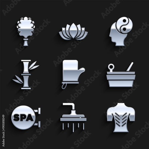 Set Sauna mittens, Shower head, Massage, bucket and ladle, Spa salon, Bamboo, Yin Yang and broom icon. Vector