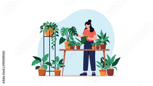 Young woman taking care of indoor plants by watering them on a wooden table to maintain her beautiful urban home garden.