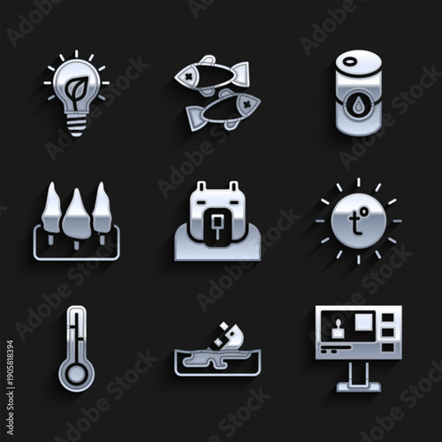 Set Polar bear head, Wrecked oil tanker ship, Television report, Sun, Meteorology thermometer, Forest, Barrel and Light bulb with leaf icon. Vector