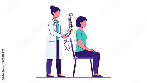 Spinal Alignment: A doctor assists a patient with proper posture, presenting a model of the human spine to illustrate optimal spinal alignment. This captures a commitment to health and well-being.
