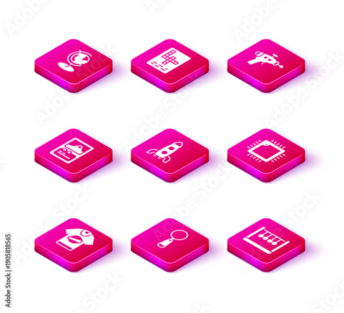 Set T-shirt, Magnifying glass, Card game, Rocket ship, Pendulum, Processor with CPU, Ray gun and Crossword icon. Vector