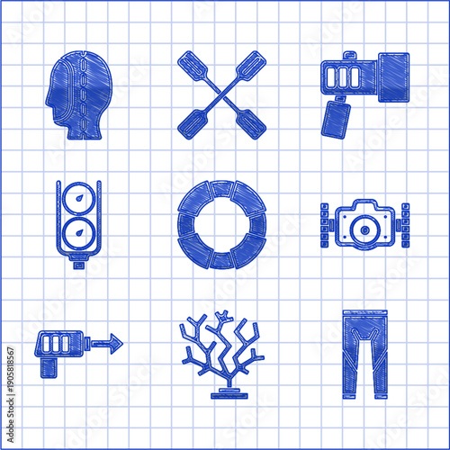 Set Lifebuoy, Coral, Wetsuit, Photo camera, Fishing harpoon, Gauge scale, Flashlight and Diving hood icon. Vector