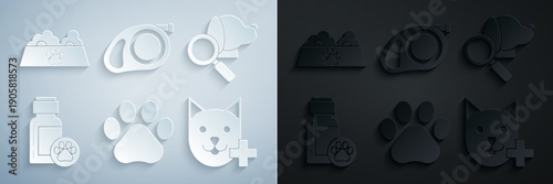 Set Paw print, Veterinary clinic symbol, Dog medicine bottle, Retractable cord leash with carabiner and Pet food bowl for cat dog icon. Vector
