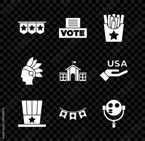 Set Carnival garland with flags, Vote box, Potatoes french fries in, Patriotic American top hat, Tourist binoculars, Native Indian and United States Capitol Congress icon. Vector