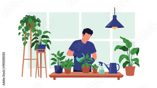 Enthusiastic male gardener watering various potted plants on a wooden table to maintain his lush indoor home garden.