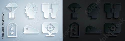 Set Military beret, Binoculars, rank, Target sport, Army soldier and Airdrop box icon. Vector
