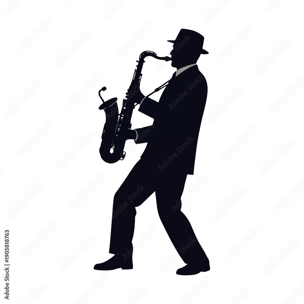 Naklejka premium Silhouette of a man in a hat playing a saxophone on a white background
