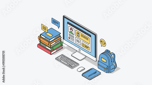 Isometric illustration of a computer workspace showing an online learning profile along with stacks of books and a blue school backpack.