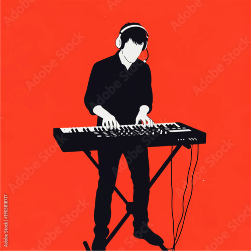 Young Man Playing Electronic Keyboard With Headphones On Against Red Background