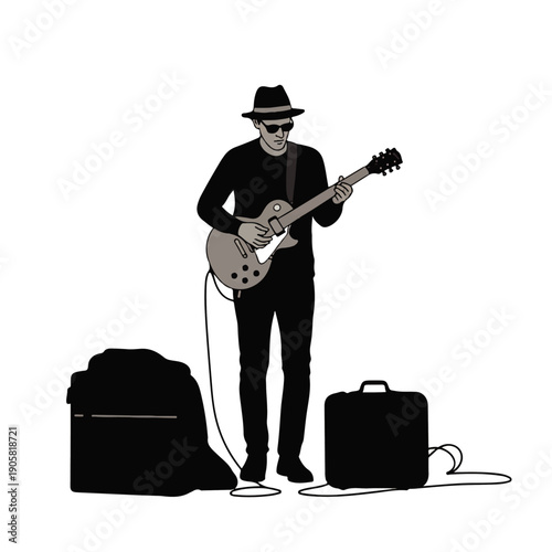 A person in a hat playing a guitar on stage with equipment