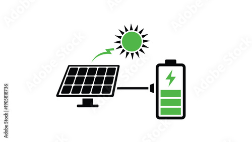 Simple diagram showing a solar panel system capturing energy from the sun to charge a green battery representing renewable power.