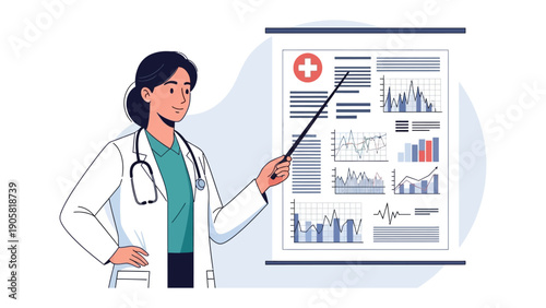 Healthcare Presentation: A medical professional passionately points to charts and graphs during a healthcare presentation, aiming to convey data and insights. 