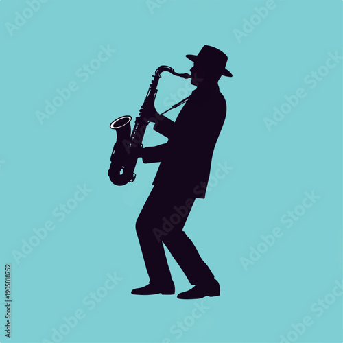 Dynamic silhouette of a jazz saxophonist in a hat and suit, capturing the soulful essence and vibrant energy of musical performance