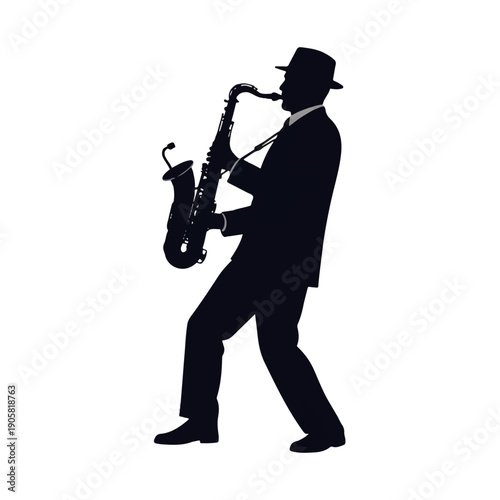 Silhouette of a man in a hat playing a saxophone on a white background