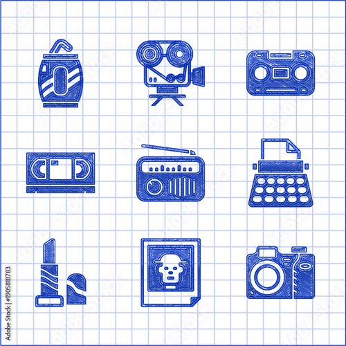 Set Radio with antenna, Photo, camera, Retro typewriter, Lipstick, VHS video cassette tape, audio and Soda can straw icon. Vector