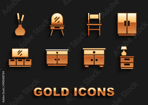 Set Furniture nightstand, Wardrobe, with lamp, TV table, Chair, Vase and Dressing icon. Vector