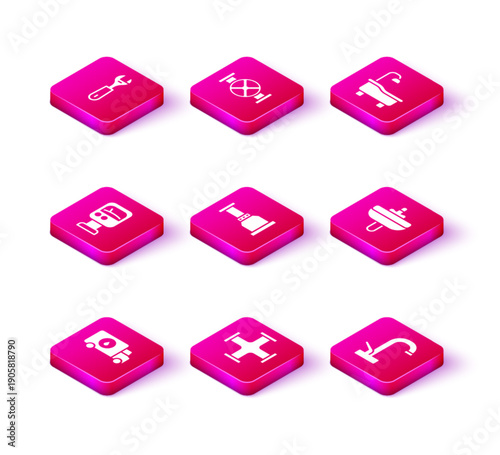 Set Plumber service car, Industry metallic pipe, Pressure water meter, Pipe adapter, Water tap, Washbasin, Bathtub and and valve icon. Vector