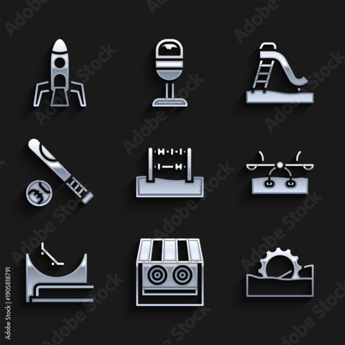Set Abacus, Shooting gallery, Ferris wheel, Seesaw, Skate park, Baseball bat with ball, Kid slide and Rocket ship icon. Vector