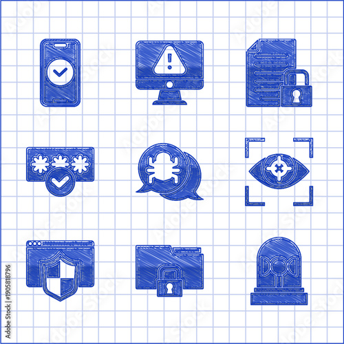 Set System bug, Folder and lock, Flasher siren, Eye scan, Browser with shield, Password protection, Document and Smartphone icon. Vector