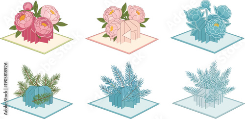Collection of six 3d floral arrangements in different colors on square bases on white background