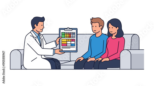 Medical Consultation: A doctor presents results to a couple during a medical consultation, offering support and guidance in a calm and reassuring atmosphere.