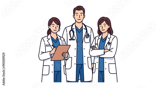 Medical Team Ready to Care: A united team of medical professionals, in crisp attire, stands ready with a blend of confidence and compassion.