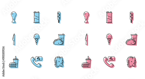 Set line Paper glass with drinking straw and burger, Food ordering pizza, Chicken leg, Sandwich, Ice cream waffle cone, taco tortilla, Knife and Soda can icon. Vector