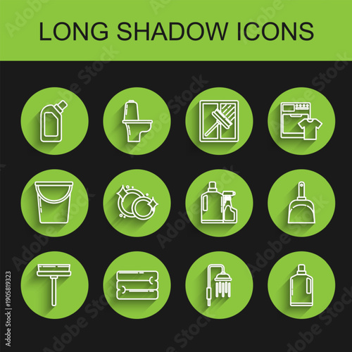 Set line Squeegee, scraper, wiper, Towel stack, Plastic bottles for liquid dishwashing liquid, Shower head with water drops flowing, Washing dishes, Dustpan and icon. Vector