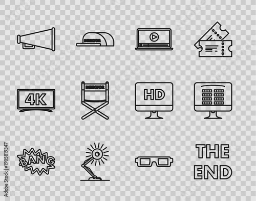 Set line Bang boom text speech bubble balloon, The End handwritten inscription, Online play video, Table lamp, Megaphone, Director movie chair, 3D cinema glasses and Buy ticket online icon. Vector