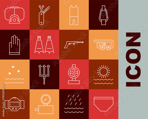 Set line Swimming trunks, Sun and waves, Diving belt, Wetsuit for scuba diving, Rubber flippers swimming, Gloves, mask and Fishing harpoon icon. Vector