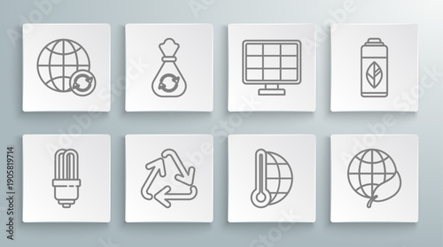 Set line LED light bulb, Recycle symbol, Meteorology thermometer measuring, Earth globe and leaf, Solar energy panel, Recycling plastic bottle and Planet earth recycling icon. Vector