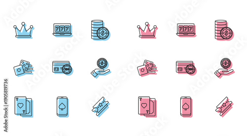 Set line Playing card with heart, Online poker table game, Crown, Lottery ticket, Credit, Hand holding casino chips, Game dice and slot machine lucky sevens jackpot icon. Vector