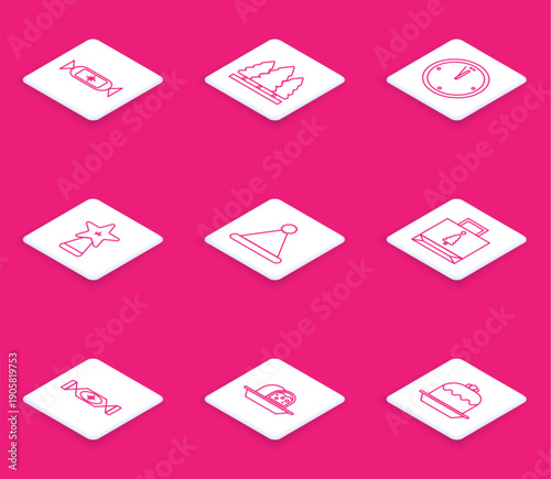 Set line Candy, Christmas trees, Clock, star, Santa Claus hat, paper shopping bag, and Marzipan sponge cake icon. Vector