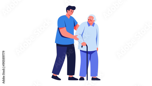 Caring Support: A young caregiver gently assists an elderly person with a walking stick, promoting mobility and well-being.