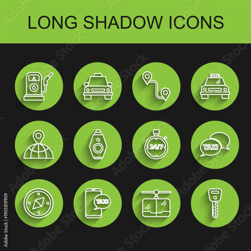 Set line Compass, Taxi call telephone service, Petrol or Gas station, Cable car, Car key, with remote, and Stopwatch 24 hours icon. Vector