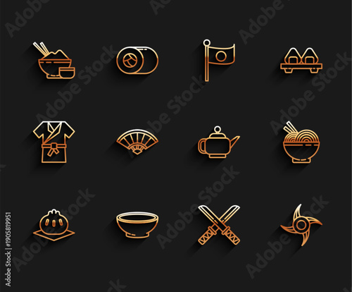 Set line Khinkali on cutting board, Traditional Japanese katana, ninja shuriken, Paper chinese or japanese folding fan, Asian noodles and chopsticks and tea ceremony icon. Vector