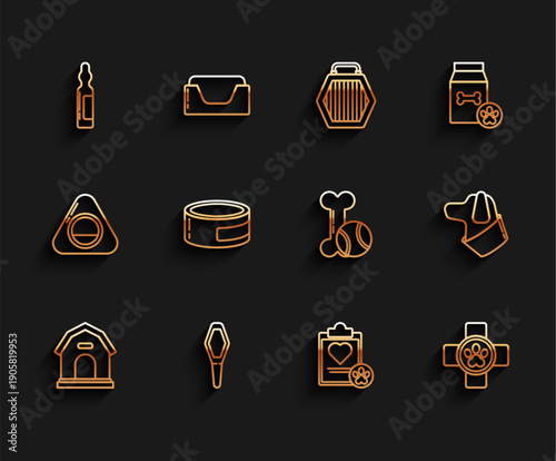 Set line Dog house, Pets vial medical, Clipboard with clinical record pet, Veterinary symbol, Canned food, and toys bone rubber and ball icon. Vector