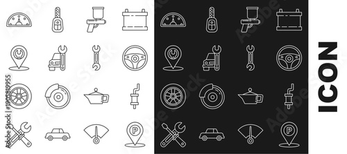 Set line Location with parking, Car muffler, Steering wheel, Paint spray gun, service, Speedometer and Wrench icon. Vector