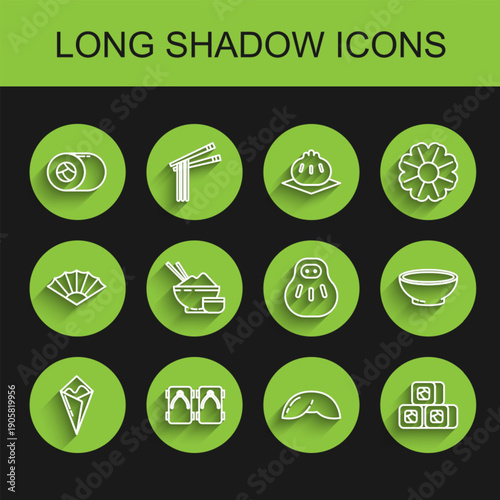 Set line Temaki roll, Geta traditional Japanese shoes, Sushi, Chinese fortune cookie, Rice bowl with chopstick, Bowl of hot soup and Maneki neko cat icon. Vector