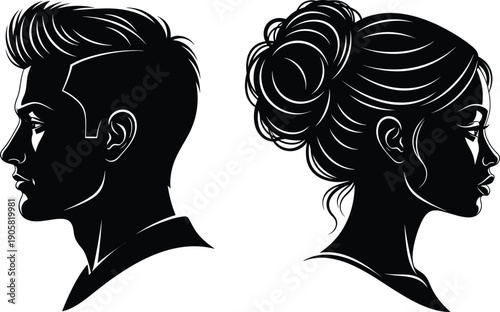 Silhouette profile of man and woman facing opposite directions, relationship conflict concept, breakup and divorce symbol, emotional distance, minimalist black and white vector illustration.