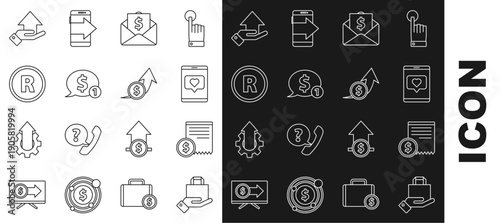 Set line Hand and paper shopping bag, Paper check financial check, Mobile phone like with heart, Envelope coin dollar, Speech bubble, Registered Trademark, Money hand and Financial growth icon. Vector