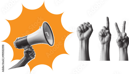 Trendy halftone collage protest demonstration with raised hands. Leader with megaphne. fight for your rights. Voice of community. News and propaganda. contemporary vector illustration art