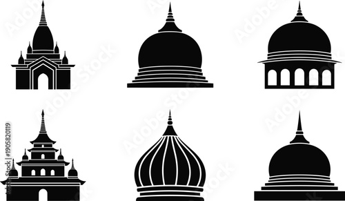 Six black temple and pagoda silhouettes set isolated on white background, Asian architecture icons collection for religion, travel, culture, and design projects.