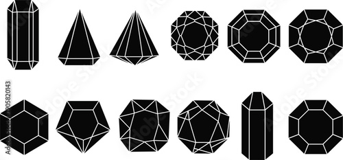 Black Geometric Gemstone and Diamond Silhouette Icon Set with Various Crystal Cuts for Luxury Jewelry Branding, Gaming Rewards, and Decorative Graphic Design Elements